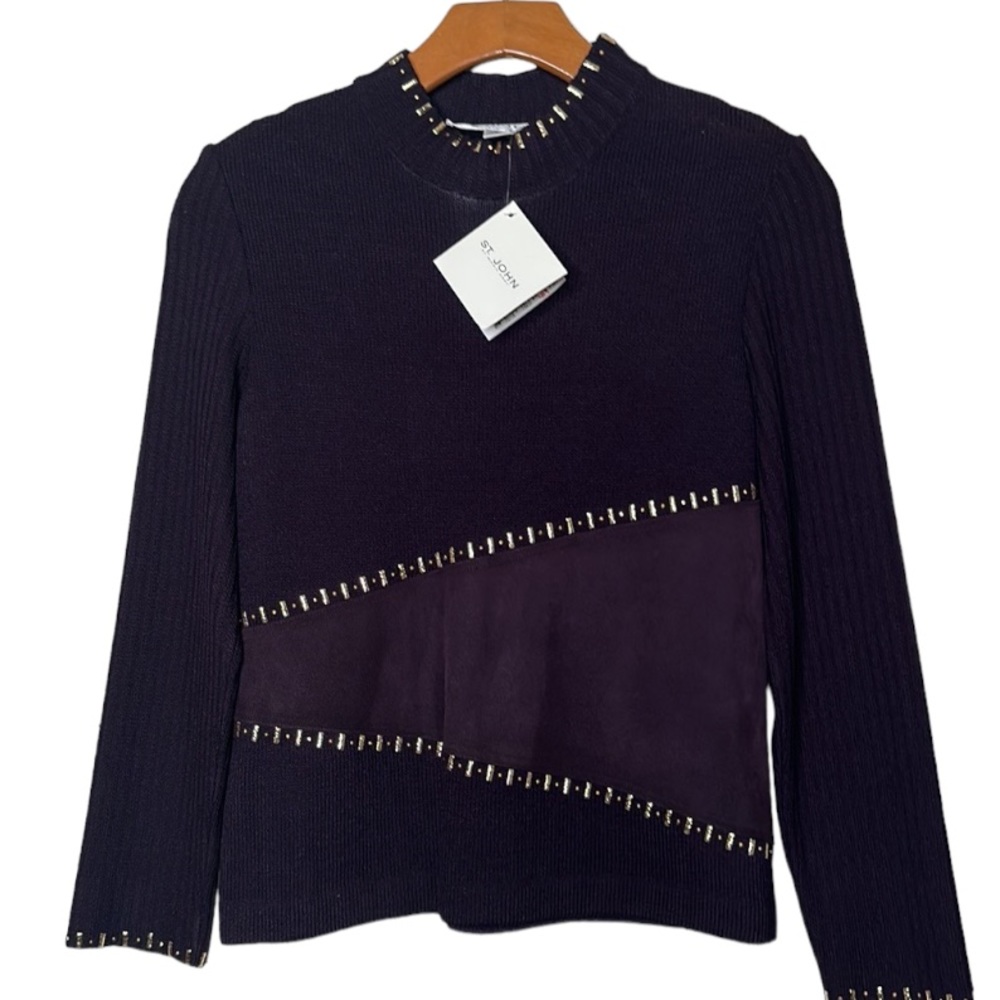 St. John Purple Stud-Trim Knit Sweater
